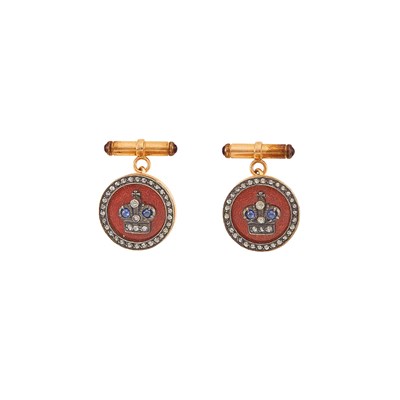 Lot 1189 - Pair of Rose Gold, Silver, Enamel, Diamond and Cabochon Sapphire Cufflinks