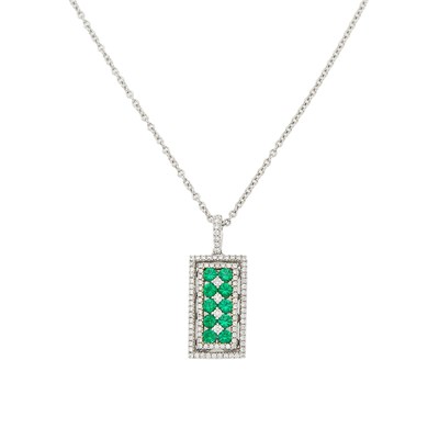 Lot 1087 - White Gold, Emerald and Diamond Pendant with Chain Necklace