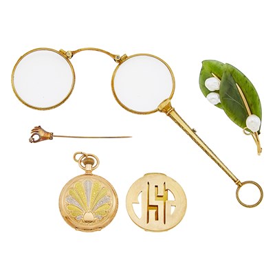 Lot 1271 - Gold, Nephrite and Cultured Pearl Brooch, Gump's, Lorgnette, Hunting-Case Pocket Watch, Money Clip and Pin