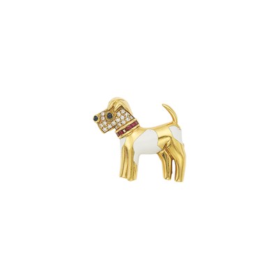 Lot 1042 - Gold, Enamel, Ruby and Diamond Terrier Pin