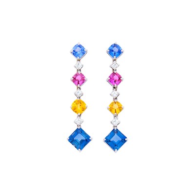 Lot 67 - Pair of White Gold, Multicolored Sapphire and Diamond Pendant-Earrings