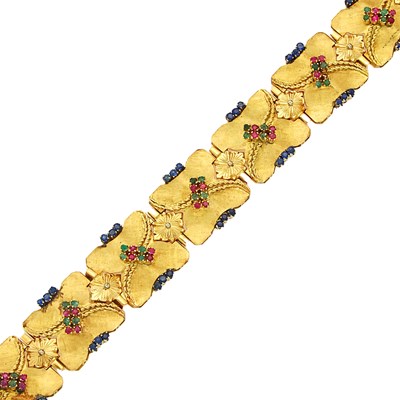 Lot 1222 - Gold, Sapphire, Ruby and Emerald Bracelet