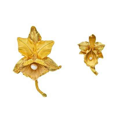 Lot 1209 - Two Gold and Baroque Freshwater Pearl Flower Pins