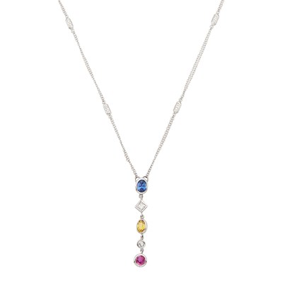 Lot 1102 - White Gold, Multicolored Sapphire and Diamond Pendant-Necklace