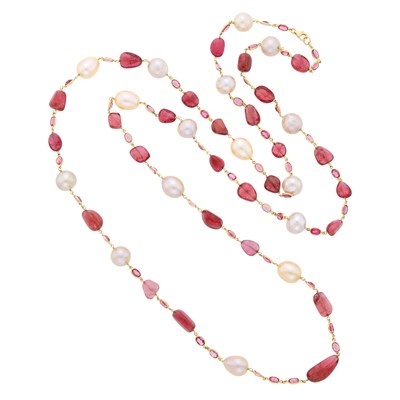 Lot 140 - Long Gold, Tumbled Pink Tourmaline Bead, Pink Tourmaline and Freshwater Pearl Chain Necklace