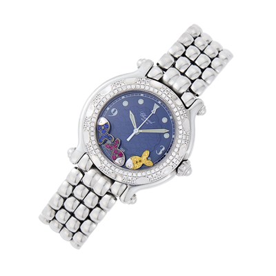 Lot 71 - Chopard Stainless Steel, Diamond and Multicolored Sapphire 'Happy Sport Fish' Wristwatch