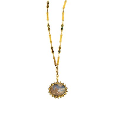 Lot 50 - Long Antique Gold and Swiss Enamel Chain Necklace with Painted Enamel Pendant