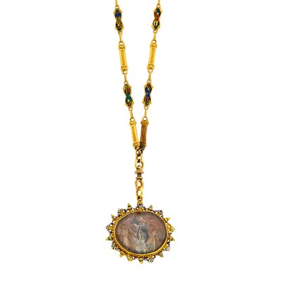 Lot 50 - Long Antique Gold and Swiss Enamel Chain Necklace with Painted Enamel Pendant