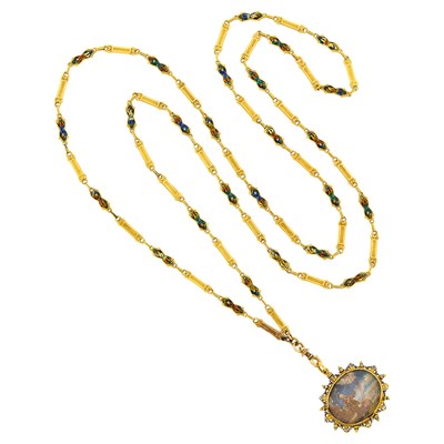 Lot 50 - Long Antique Gold and Swiss Enamel Chain Necklace with Painted Enamel Pendant