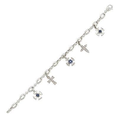 Lot 1118 - White Gold, Sapphire and Diamond Cross Charm Bracelet