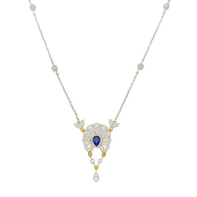 Lot 1099 - Platinum, Two-Color Gold, Sapphire, Diamond and Colored Diamond Pendant-Necklace