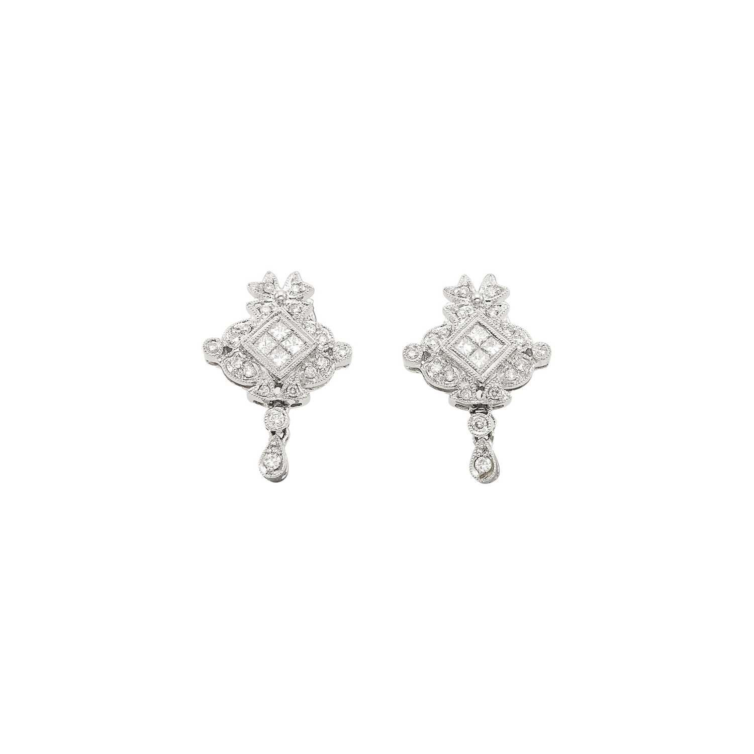 Lot 1120 - Pair of White Gold and Diamond Pendant-Earrings