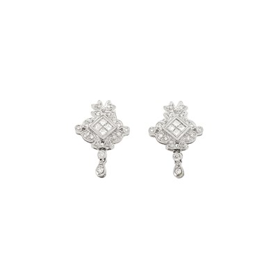 Lot 1120 - Pair of White Gold and Diamond Pendant-Earrings