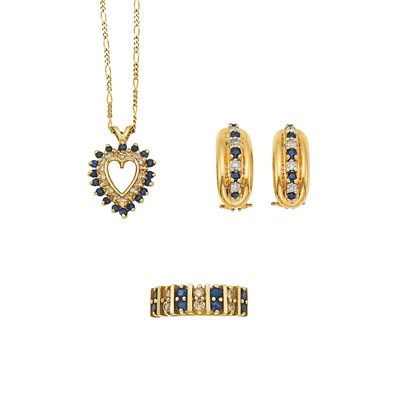 Lot 1265 - Gold, Sapphire and Diamond Pendant with Chain Necklace, Pair of Earclips and Ring