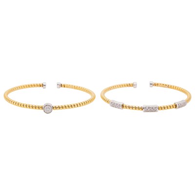 Lot 1072 - Pair of Two-Color Gold and Diamond Bangle Bracelets