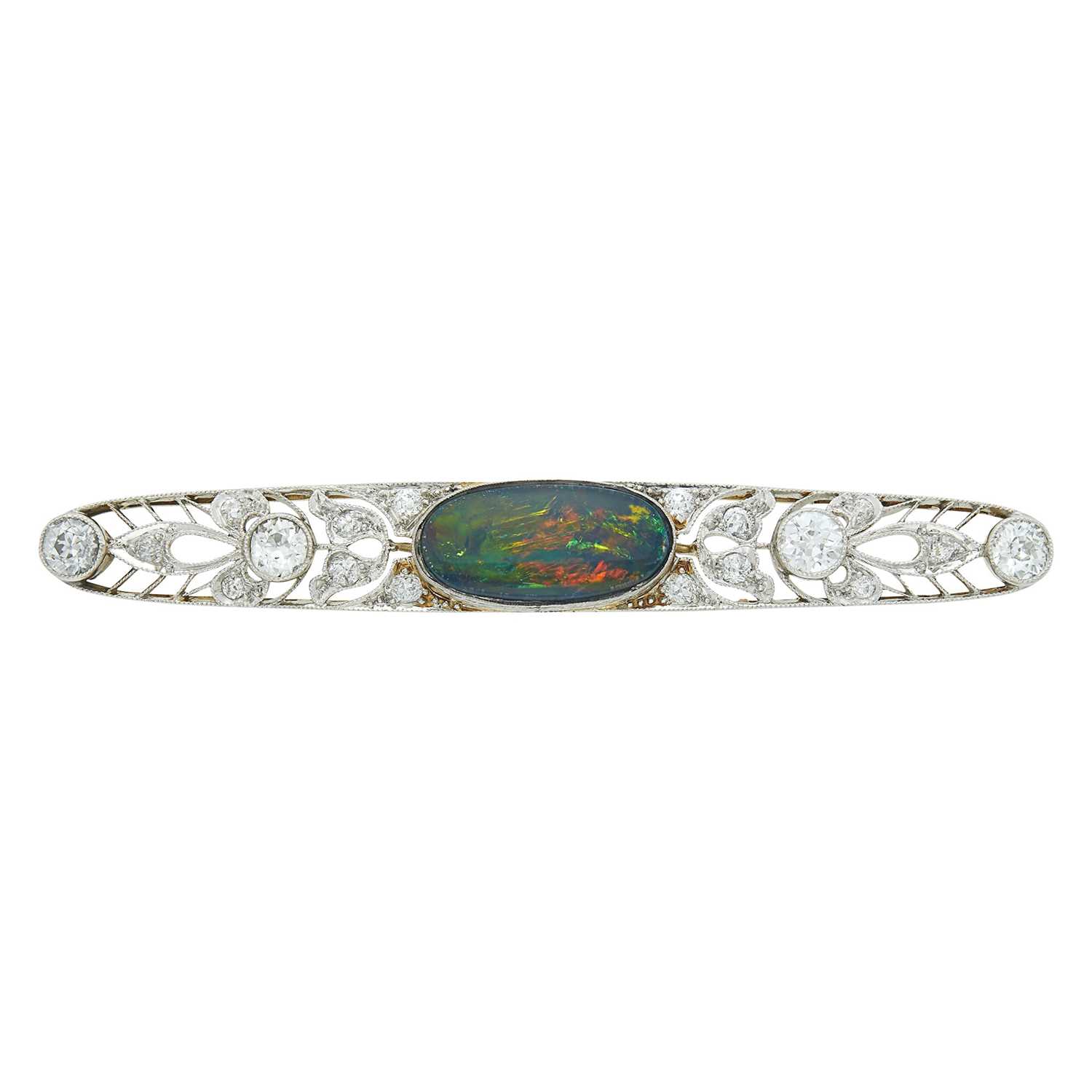 Lot 76 - Antique Platinum, Gold, Black Opal and Diamond Brooch