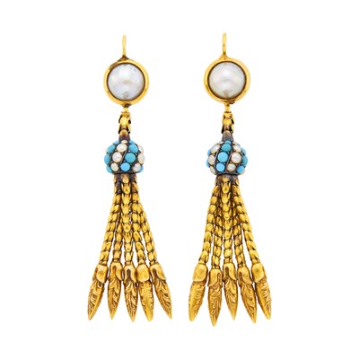 Lot 106 - Pair of Antique Gold, Split Pearl and Turquoise Fringe Pendant-Earrings