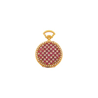 Lot 1018 - Lady's Antique Gold, Ruby, Diamond and Split Pearl Open Face Pendant-Watch