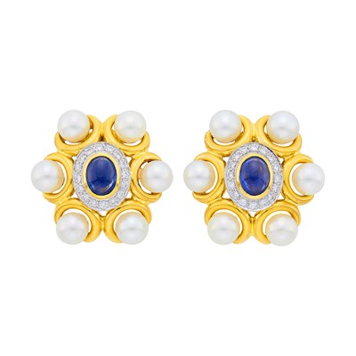 Lot 126 - Pair of Two-Color Gold, Cabochon Sapphire, Cultured Pearl and Diamond Earrings