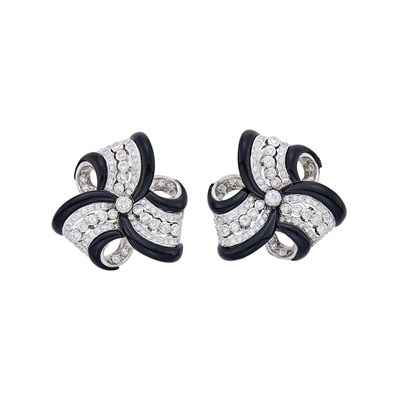 Lot 100 - Pair of White Gold, Diamond and Black Enamel Bow Earrings