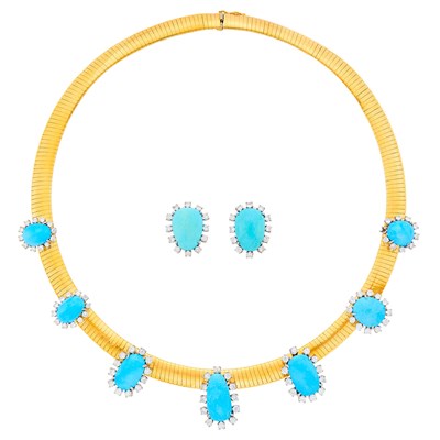 Lot 11 - Gold, Platinum, Turquoise and Diamond Omega Link Necklace and Pair of Earclips