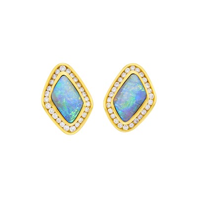 Lot 12 - Pair of Gold, Boulder Opal and Diamond Earrings