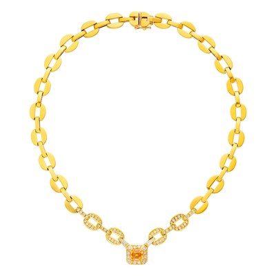 Lot 150 - Gold, Orange Sapphire and Diamond Link Necklace