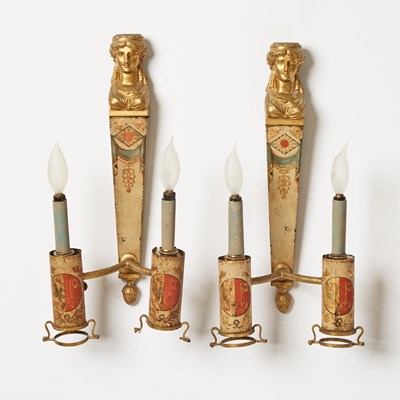 Lot 360 - Pair of Empire Style Gilt-Metal and Tole Painted Two-Light Wall Sconces