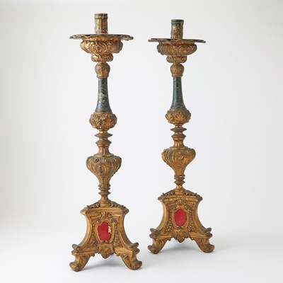 Lot 264 - Pair of Baroque Style Enameled Gilt-Metal and Marble Candle Holders