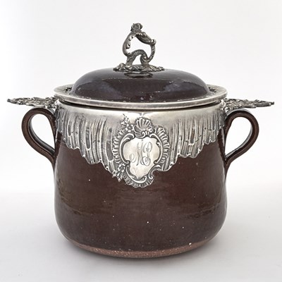 Lot 381 - French Silver-Mounted Brown Glazed Earthenware Two-Handled Covered Soup Tureen