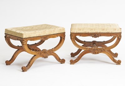 Lot 312 - Pair of Louis XV Style Parcel-Gilt Walnut Stools