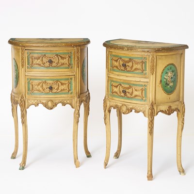 Lot 283 - Pair of Italian Rococo Style Painted Diminutive Two-Drawer Side Tables