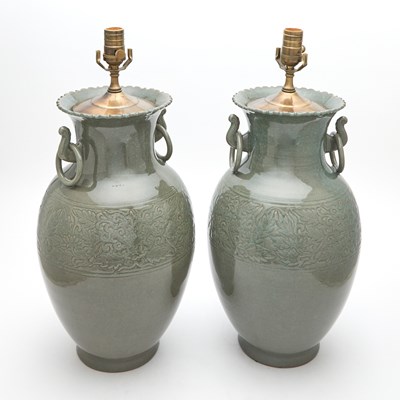 Lot 186 - Pair of Celadon Glazed Porcelain Urns With Ring Handles as Lamps