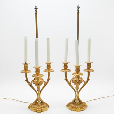 Lot 299 - Pair of Louis XVI Style Gilt-Bronze Three Light Candelabra as Lamps