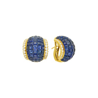 Lot 88 - Pair of Gold, Invisibly-Set Sapphire and Diamond Bombé Earrings