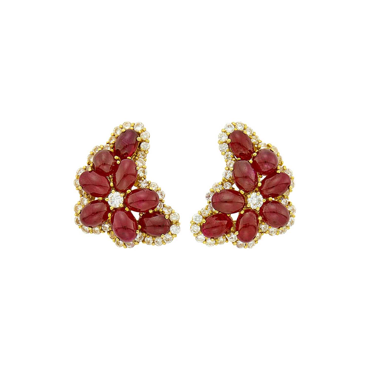 Lot 81 - Pair of Gold, Cabochon Ruby and Diamond Earrings