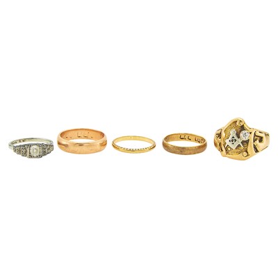 Lot 1145 - Five Gold, Low Karat Gold, White Gold and Diamond Rings