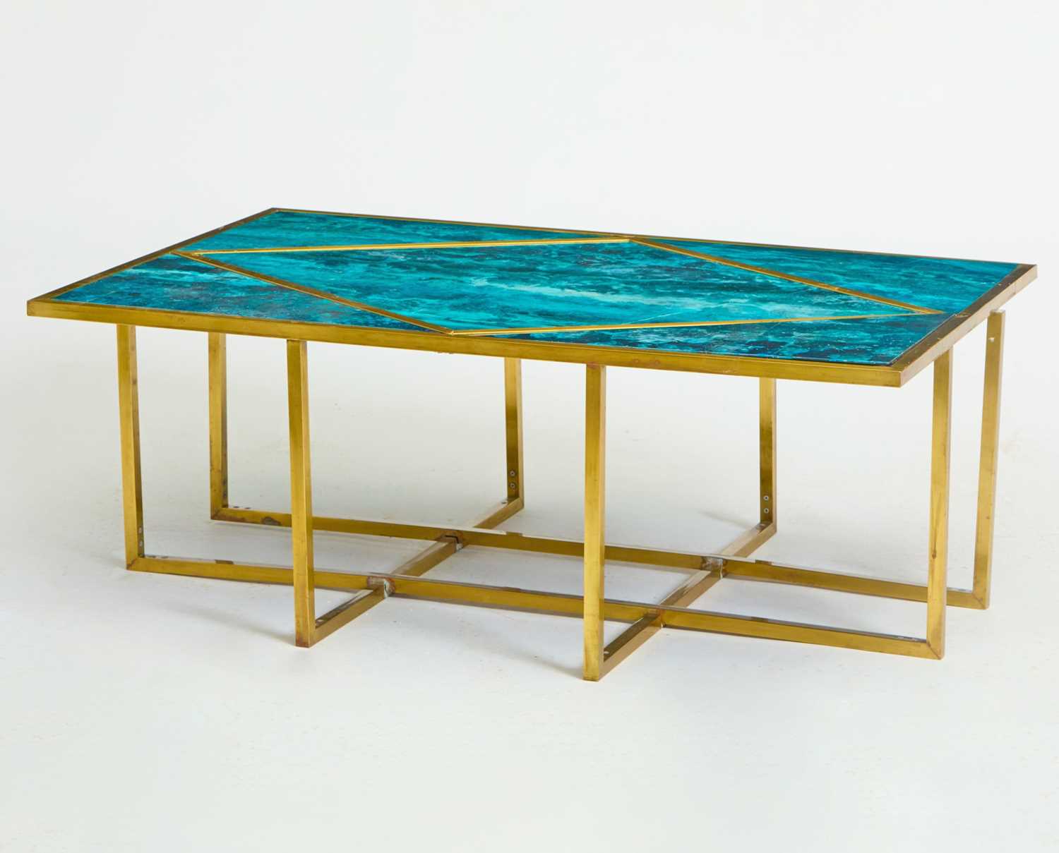 Lot 368 - Brass and Faux Stone Reverse Painted Glass Low Table