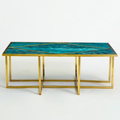 Lot 368 - Brass and Faux Stone Reverse Painted Glass Low Table