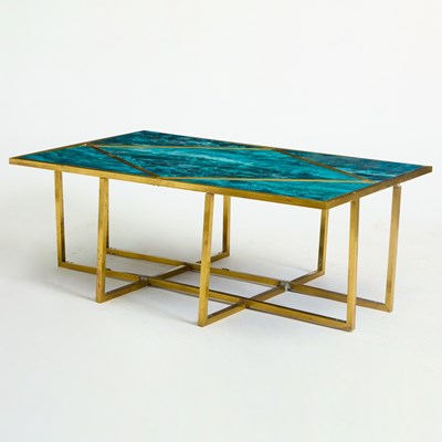 Lot 368 - Brass and Faux Stone Reverse Painted Glass Low Table