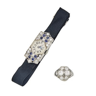 Lot 1085 - Platinum and Diamond Ring and Platinum, Sapphire and Diamond Wristwatch