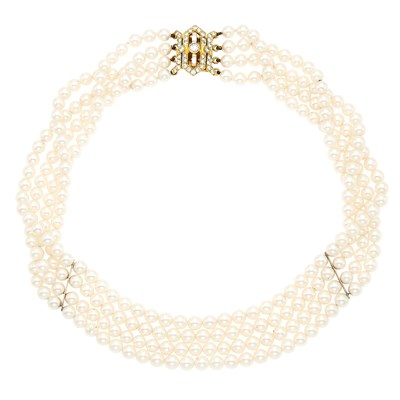 Lot 1080 - Four Strand Cultured Pearl Necklace with Gold and Diamond Clasp