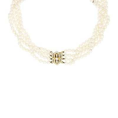 Lot 1080 - Four Strand Cultured Pearl Necklace with Gold and Diamond Clasp
