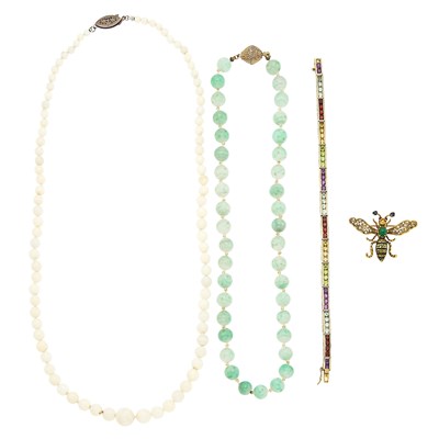 Lot 1149 - White Opal Bead Necklace with Silver Clasp, Green Glass Bead Necklace, Gold, Diamond and Gem-Set Bee Piin and Silver Bracelet