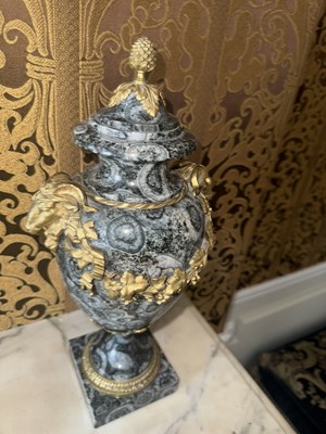 Lot 600 - A Pair of Louis XVI Style Ormolu-Mounted Diorite Urns