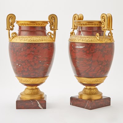 Lot 150 - Pair of Empire Style Gilt-Bronze Mounted Red Marble Urns