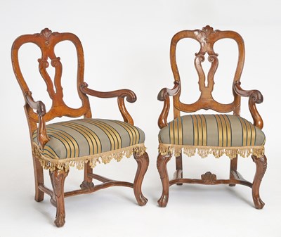 Lot 288 - Pair of Continental Rococo Carved Walnut Armchairs