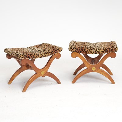 Lot 333 - Pair of Curule-Form Upholstered Mahogany Stools