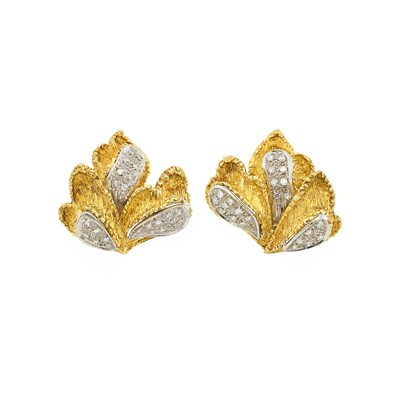 Lot 1056 - Pair of Two-Color Gold and Diamond Earrings