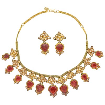 Lot 1162 - Indian Gold, Foil-Back Diamond, Pink Tourmaline and Jaipur Enamel Fringe Necklace and Pair of Pendant-Earrings